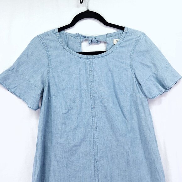 Madewell Chambray Mini Dress Size XS Oversized Bow Tie Back - Picture 3 of 14